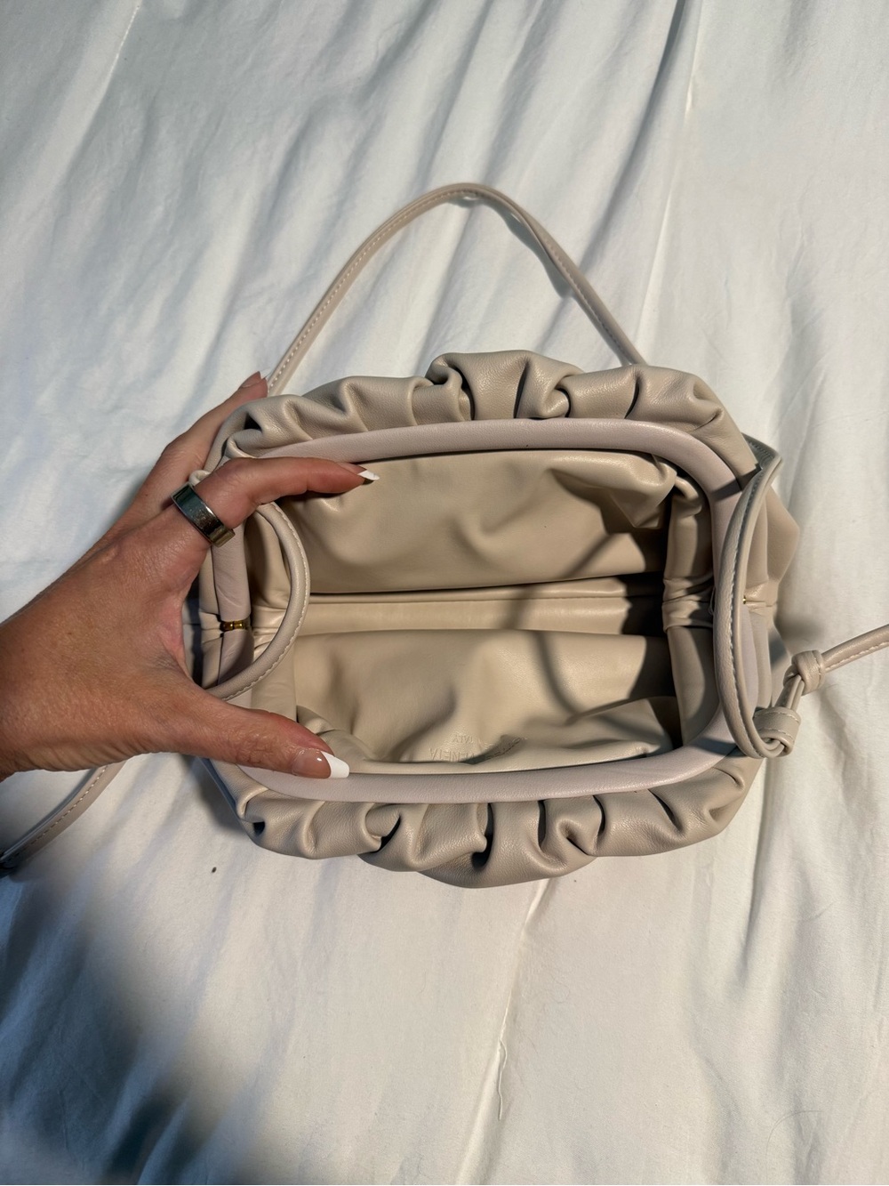 Minimalist Beige Ruched Crossbody Bag | Soft Vegan Leather Shoulder Purse - Picture 3 of 3